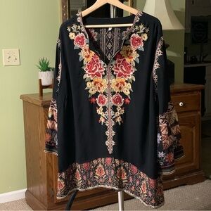 John Mark Embroidered Bell Sleeve Top Tunic Size 2X Tribal Floral Print